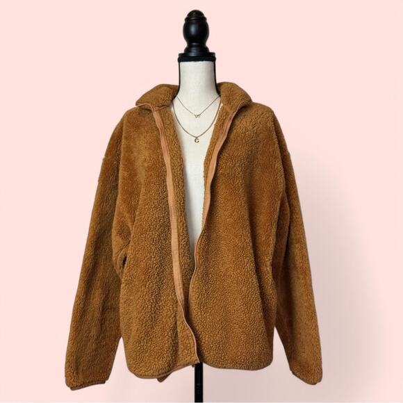 PINK Victoria's Secret Brown Teddy Sherpa Full Zip Jacket Women's Size L - Picture 2 of 7